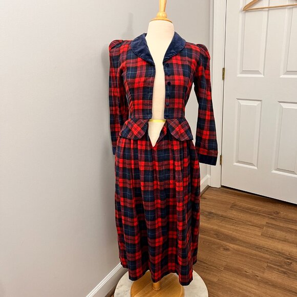 Vintage Lanz Originals 80s Red Plaid Velvet Trim Peplum Tartan Dress Sz XS - Picture 9 of 15